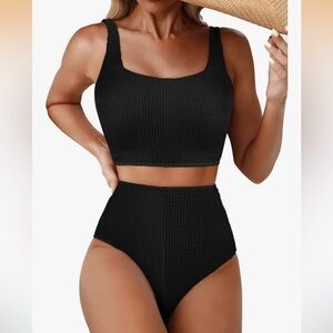 NWT Bikini Scrunch Square Neck Two Piece Swimsuits High Waisted Textured